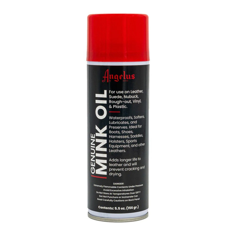 Angelus Mink Oil Spray for easy application to condition and protect leather from moisture.