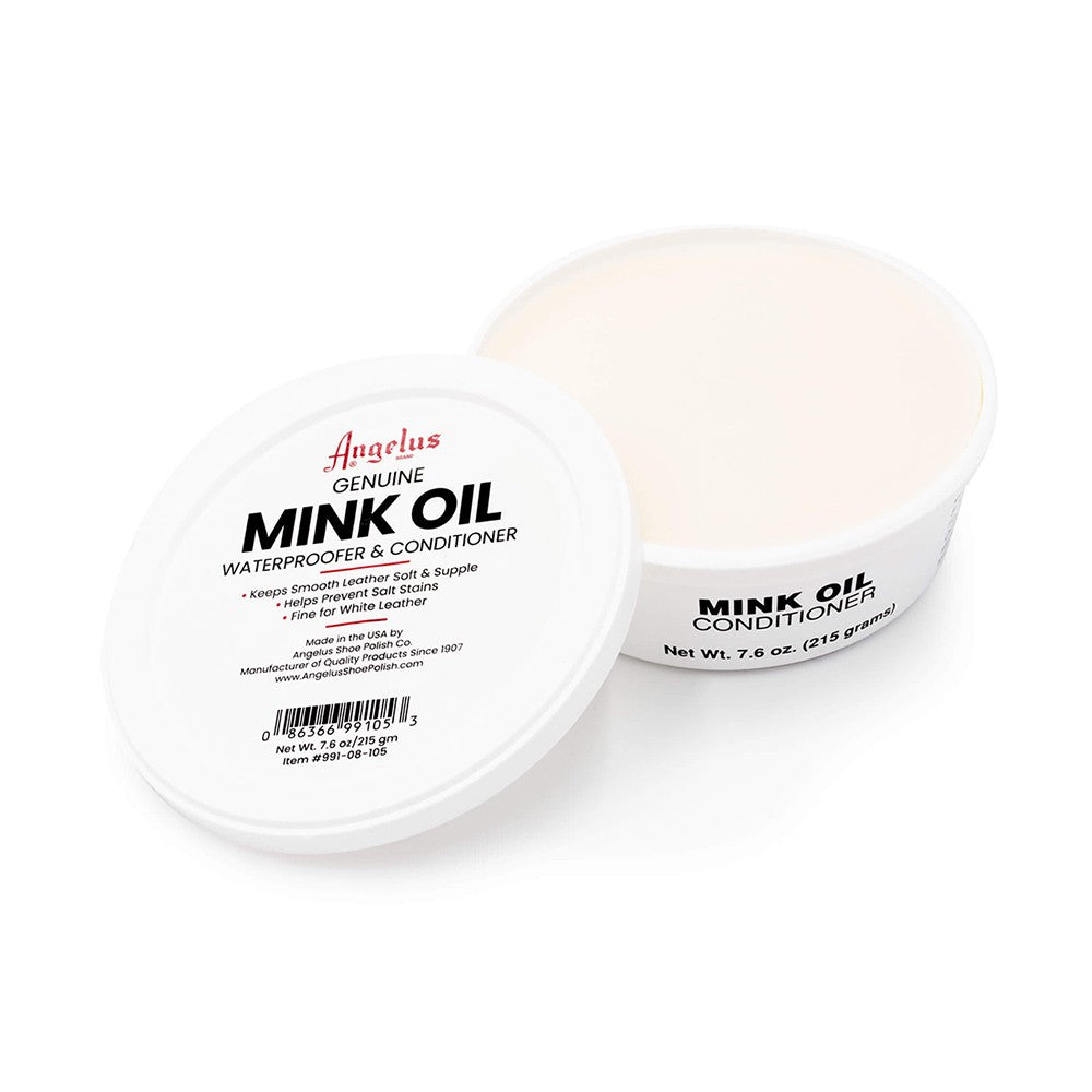 Angelus Mink Oil in a plastic tub for conditioning, waterproofing, and darkening leather.