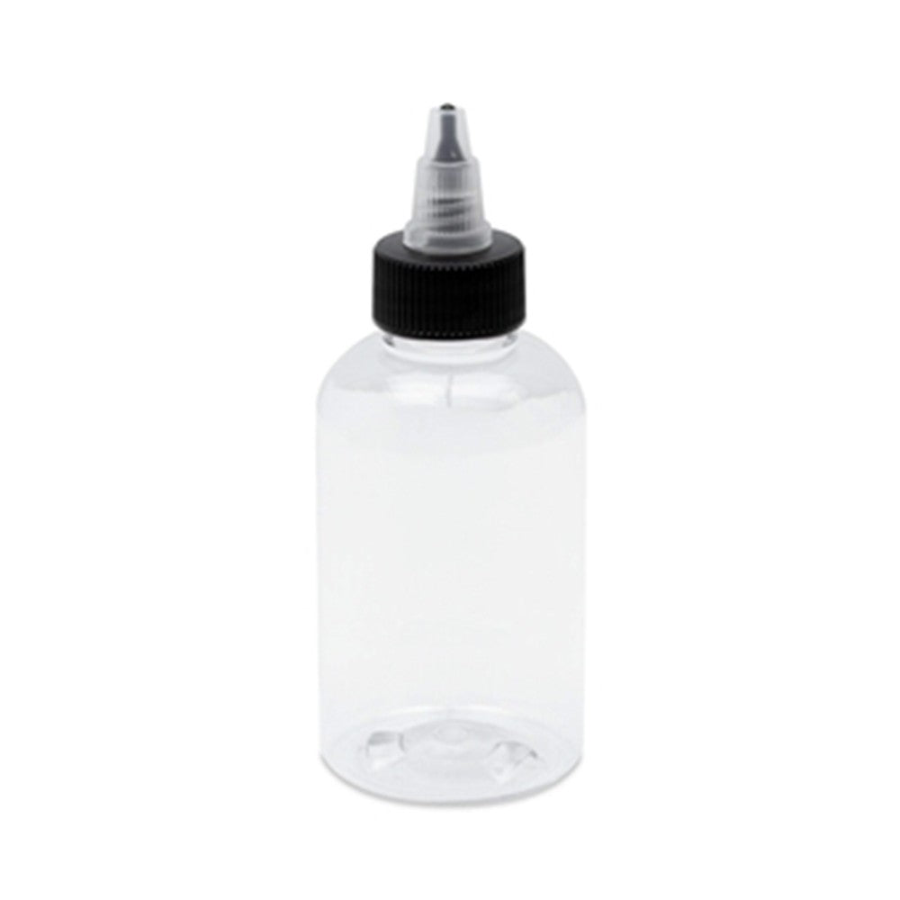 Angelus 4oz empty bottle with easy-pour cap for mixing and storing custom leather paint colours.