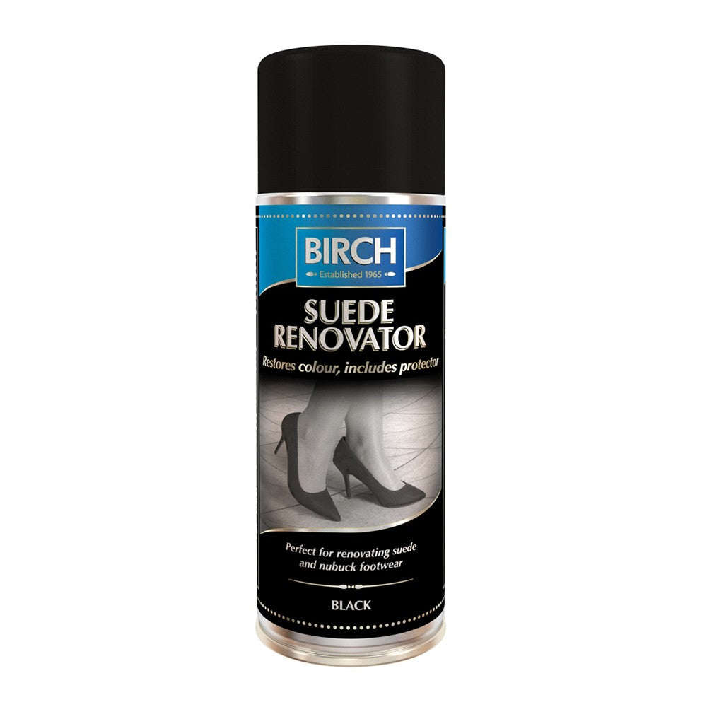 BIRCH Suede Renovator aerosol black 200ml for restoring colour and reviving black suede.
