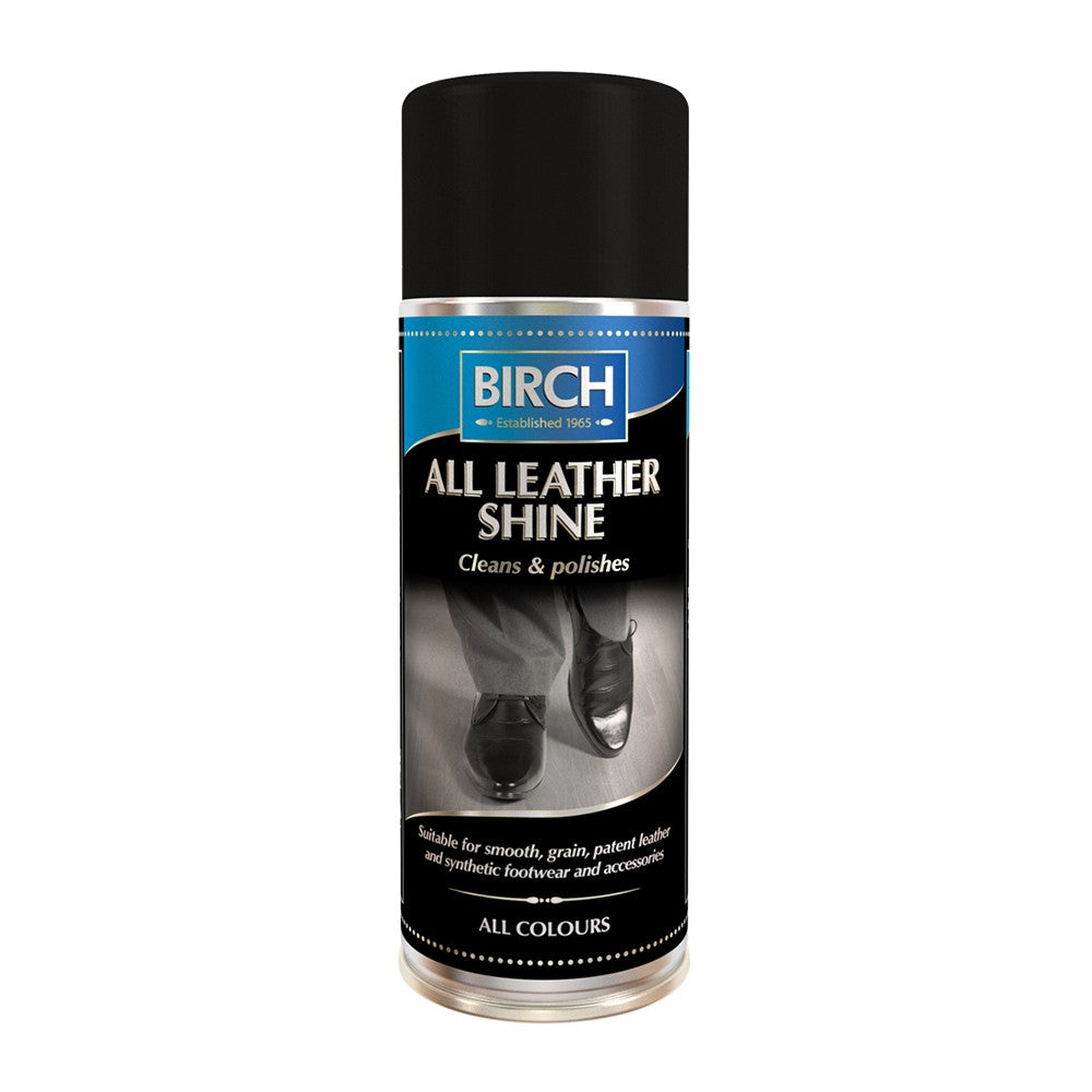 BIRCH All Leather Shine aerosol spray for a quick, high-gloss finish on leather shoes.