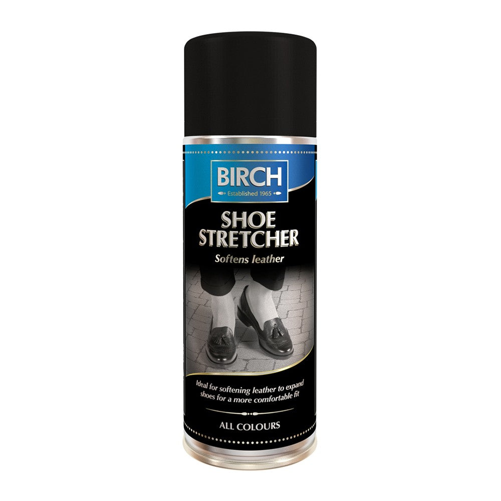 BIRCH Shoe Stretcher aerosol spray to help expand tight shoes for a better fit.