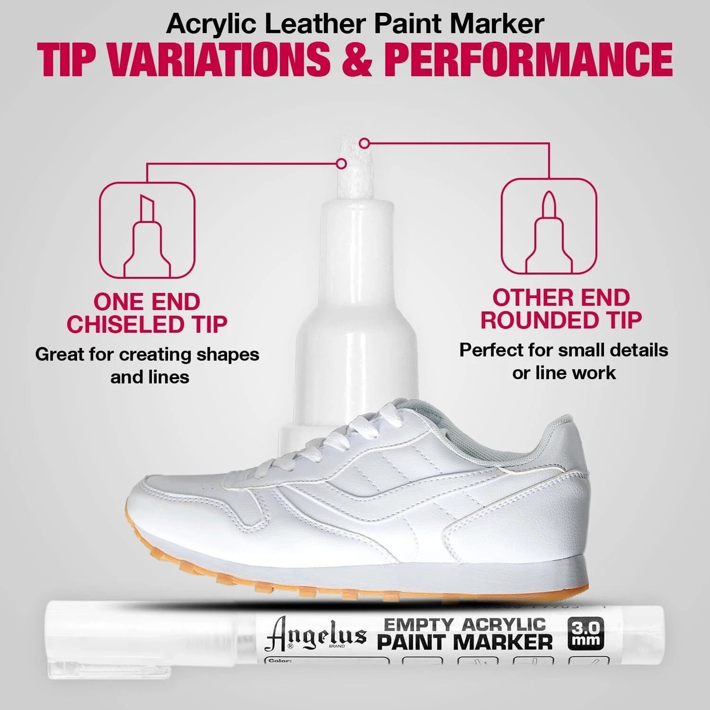 Angelus empty marker system for fine details featuring 3mm nibs for precise lines and patterns on custom sneakers and leather