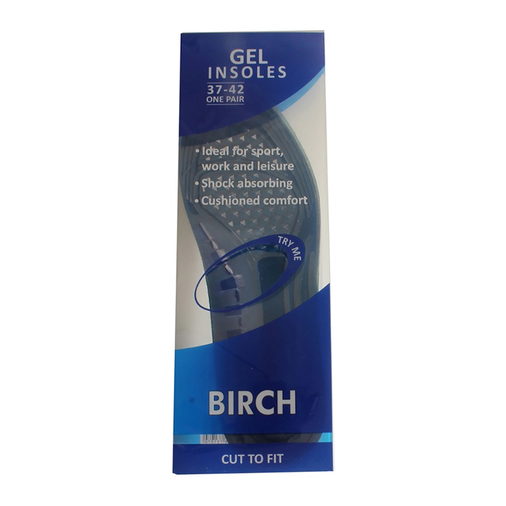 BIRCH Gel Insoles for ladies sizes 37-42 for shock absorption and all-day comfort.