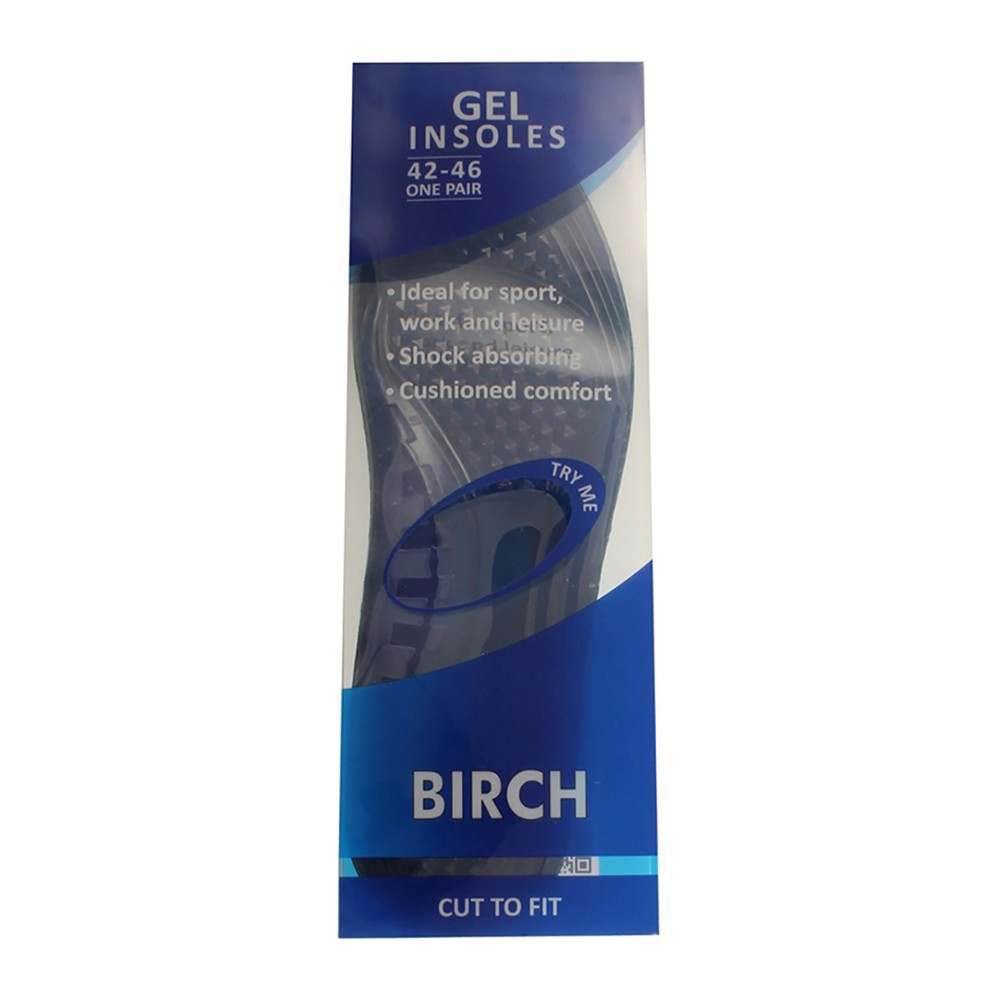 BIRCH Gel Insoles for men sizes 42-46 for shock absorption and all-day comfort.