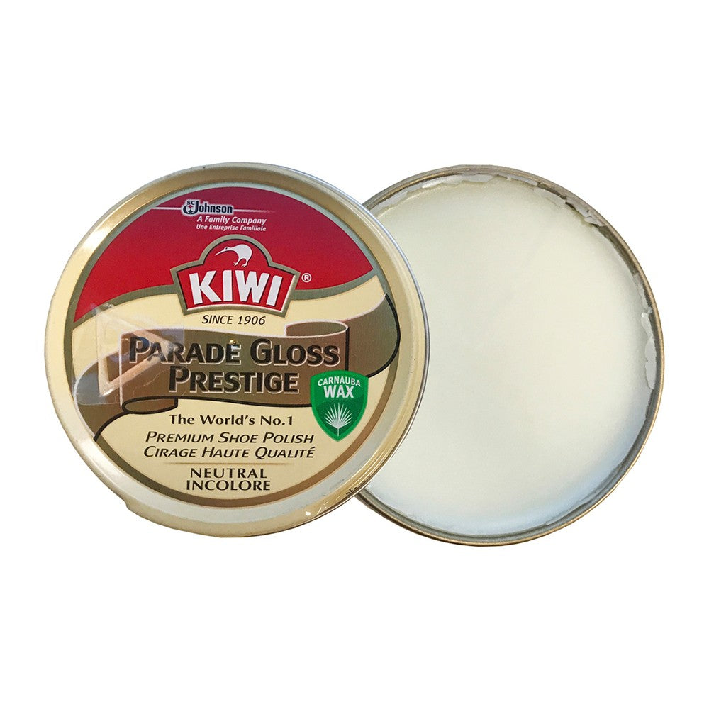 Kiwi Parade Gloss Prestige Polish in a 50ml tin creates a brilliant, high-shine finish for parade and formal shoes.