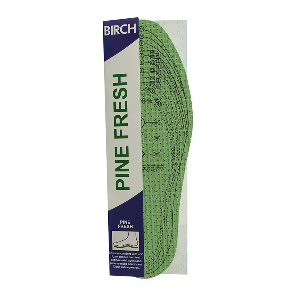 BIRCH Pine Insoles one-size for a fresh, fragrant footbed that can be trimmed to fit.