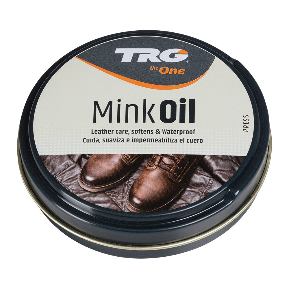 TRG Neutral Mink Oil in a 100ml bottle conditions, softens, and waterproofs leather boots, jackets, and accessories.