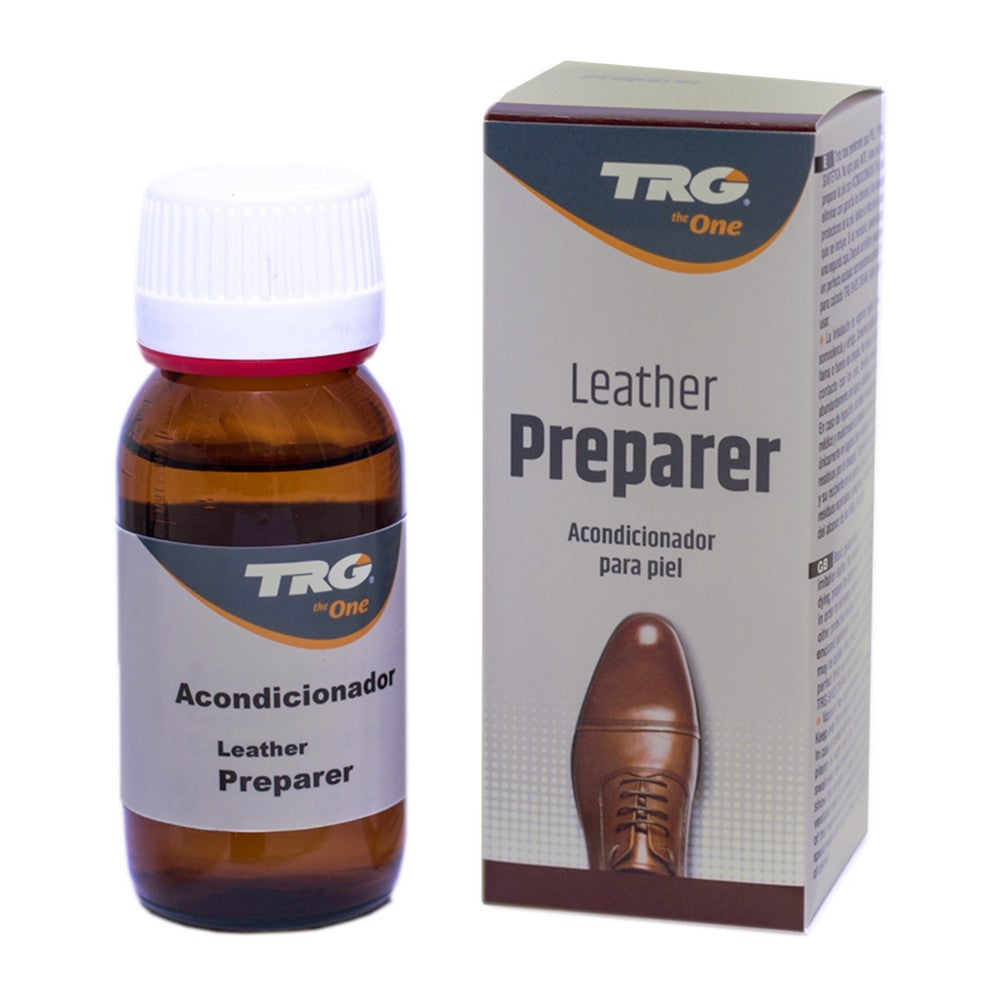 TRG Conditioner and Preparer in a 50ml bottle prepares and softens leather for optimal dye and polish absorption.