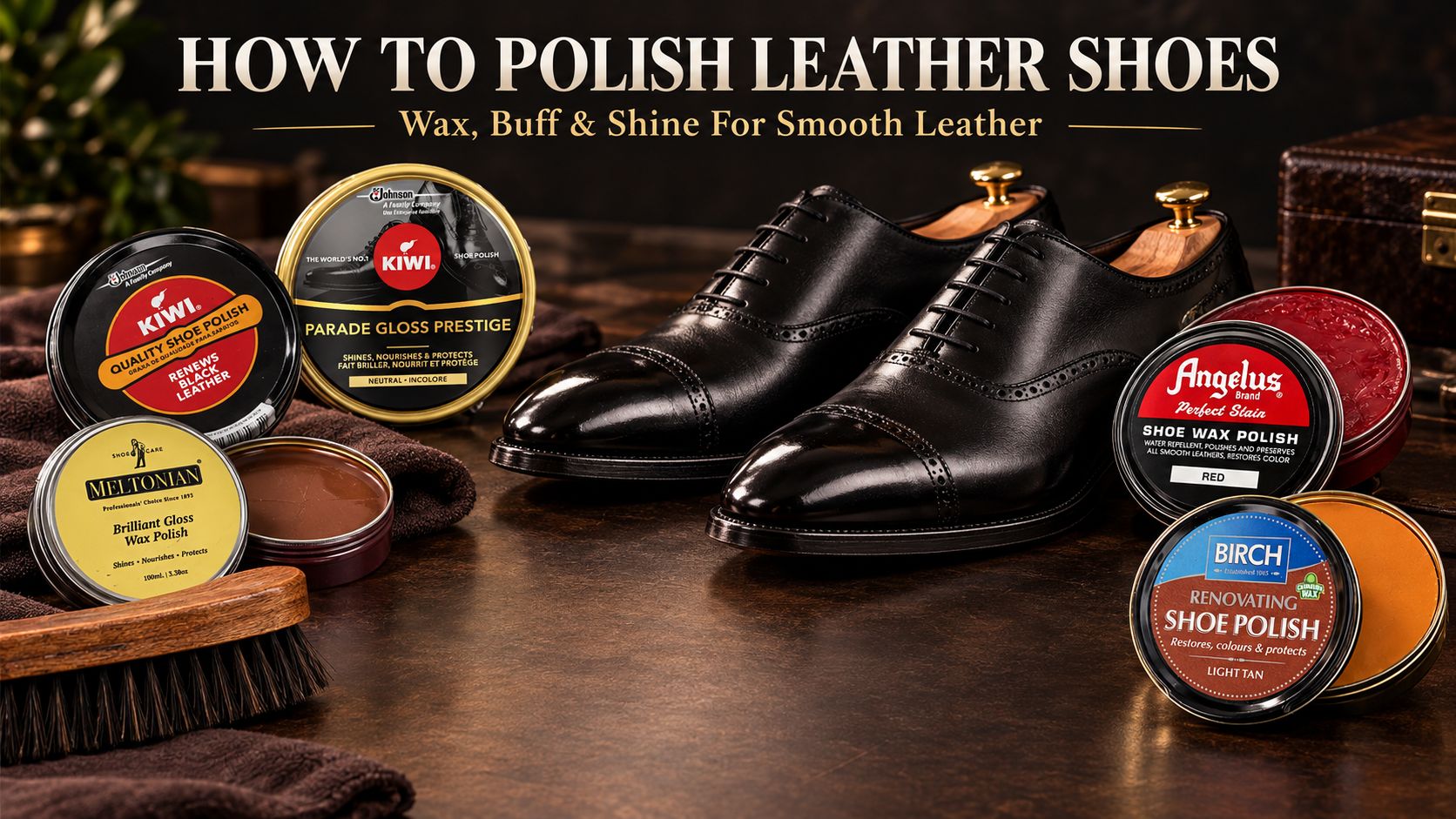 How to polish leather shoes using wax polish, a horsehair brush and high-shine shoe care products