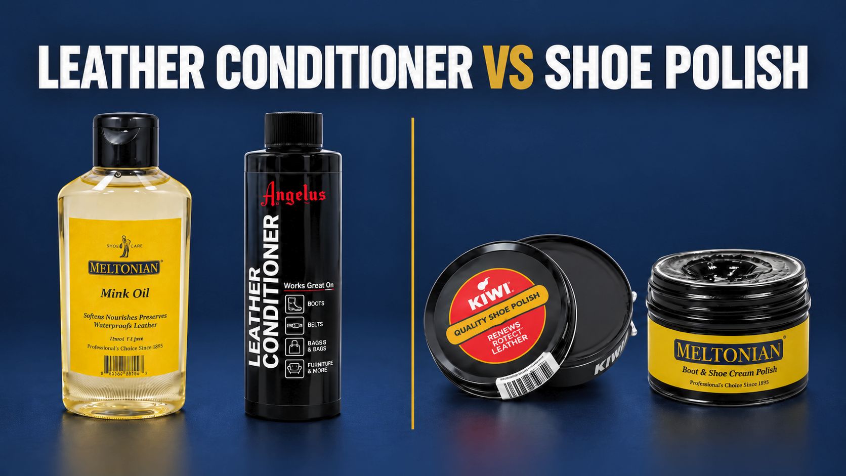 Leather conditioner vs shoe polish showing conditioners, shoe creams and wax polishes