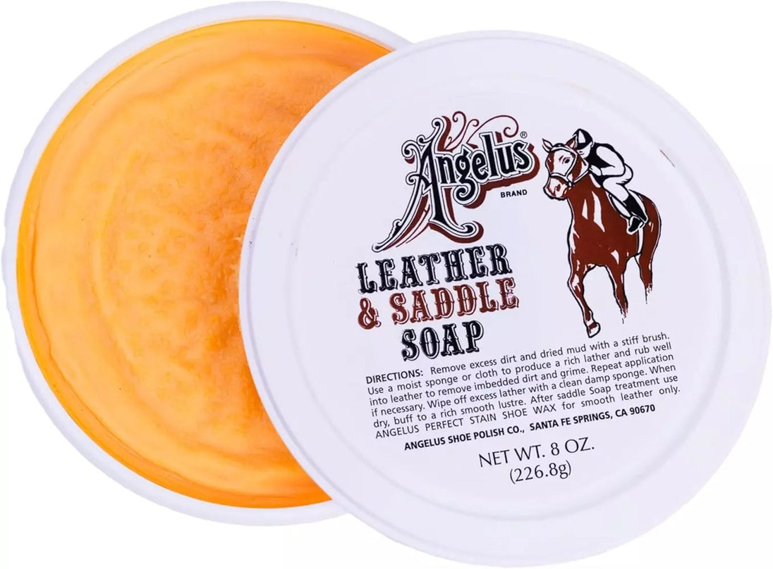 Angelus Saddle Soap from tub being applied to maintain and protect valuable leather items from damage