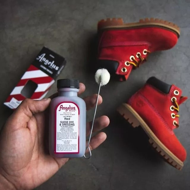 Before and after comparison showing Angelus Suede Dye colour transformation on suede footwear