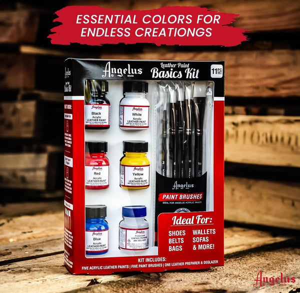 All components of Angelus Basics Kit shown including paints brushes and deglazer for sneakers