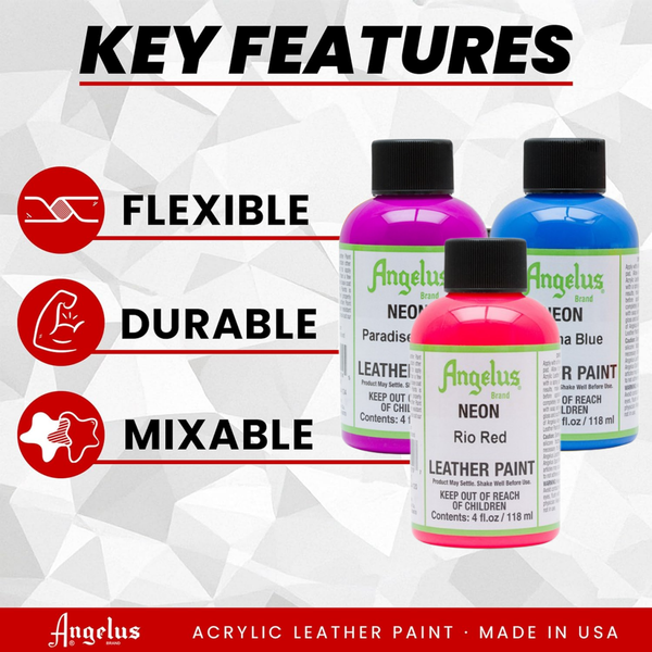 Product lineup of Angelus Neon Tahitian Pink 121 in multiple sizes for custom sneaker professionals and leather artists