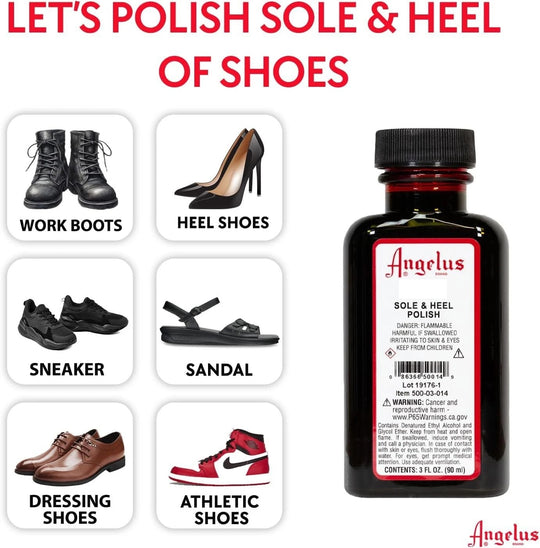 Professional brown edge polish by Angelus effectively covers scrapes and wear marks on brown leather soles