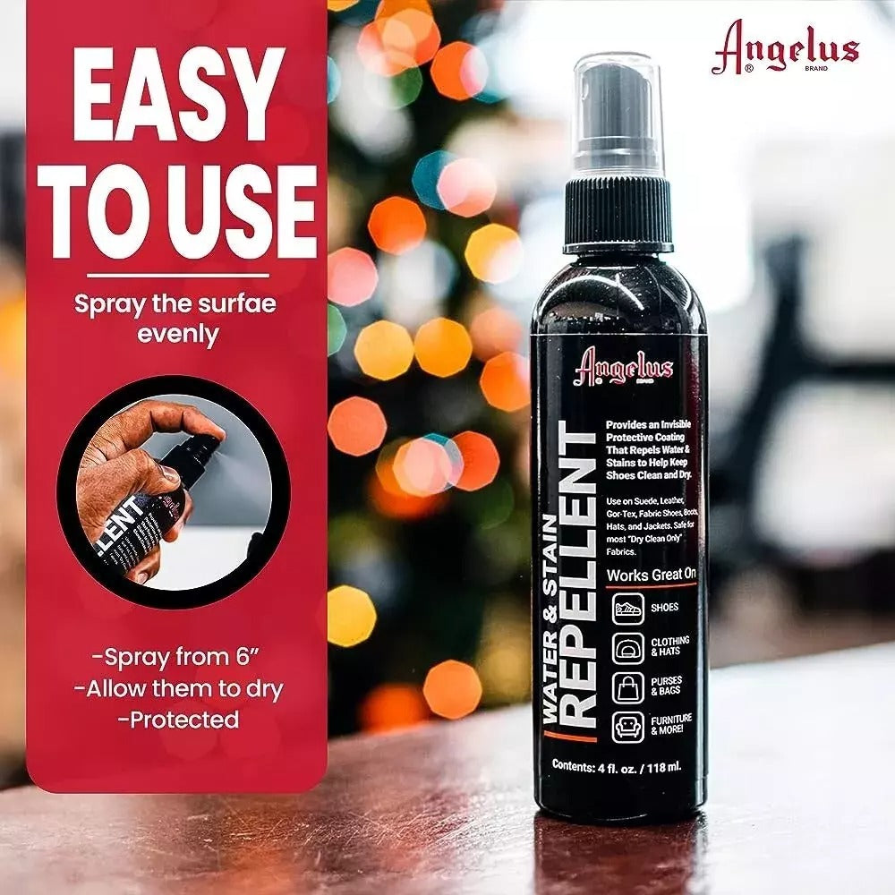 Angelus multi-surface protection spray in a 118ml bottle formulated to repel water and stains from leather suede and fabrics