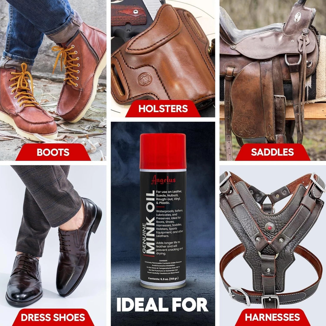 Angelus Mink Oil Spray application on leather jacket providing moisture protection and flexibility restoration