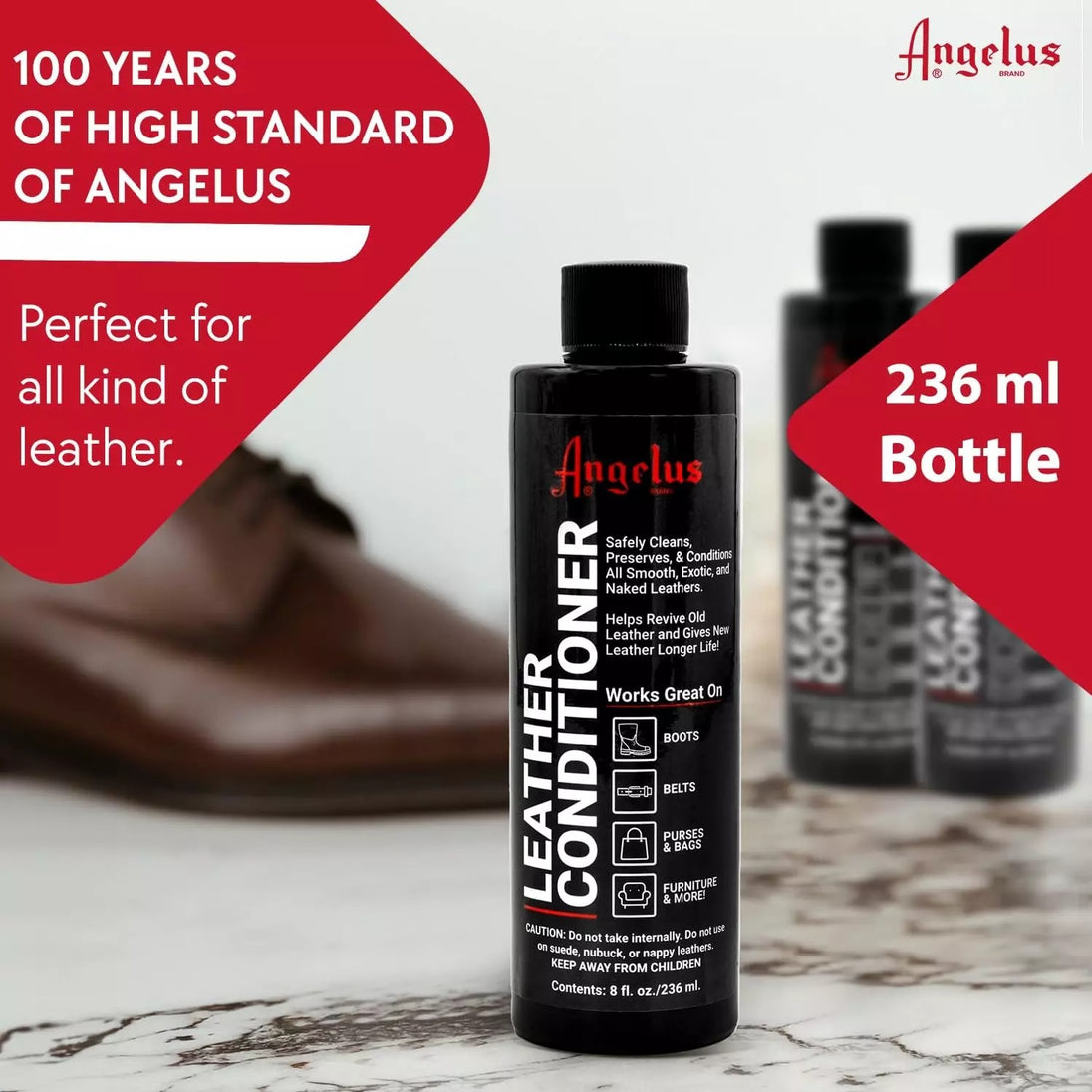 Angelus all-in-one leather conditioner providing preventative maintenance against drying and premature aging