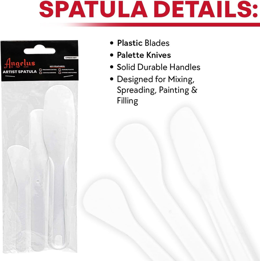 Three different size Angelus spatulas for various mixing and application tasks in studio