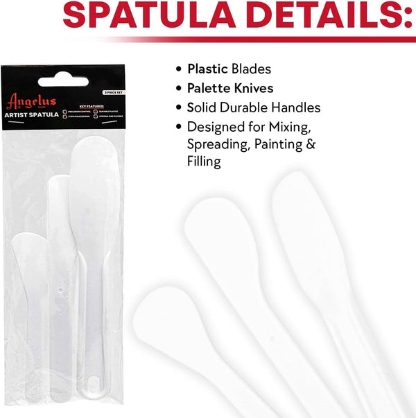 Three different size Angelus spatulas for various mixing and application tasks in studio