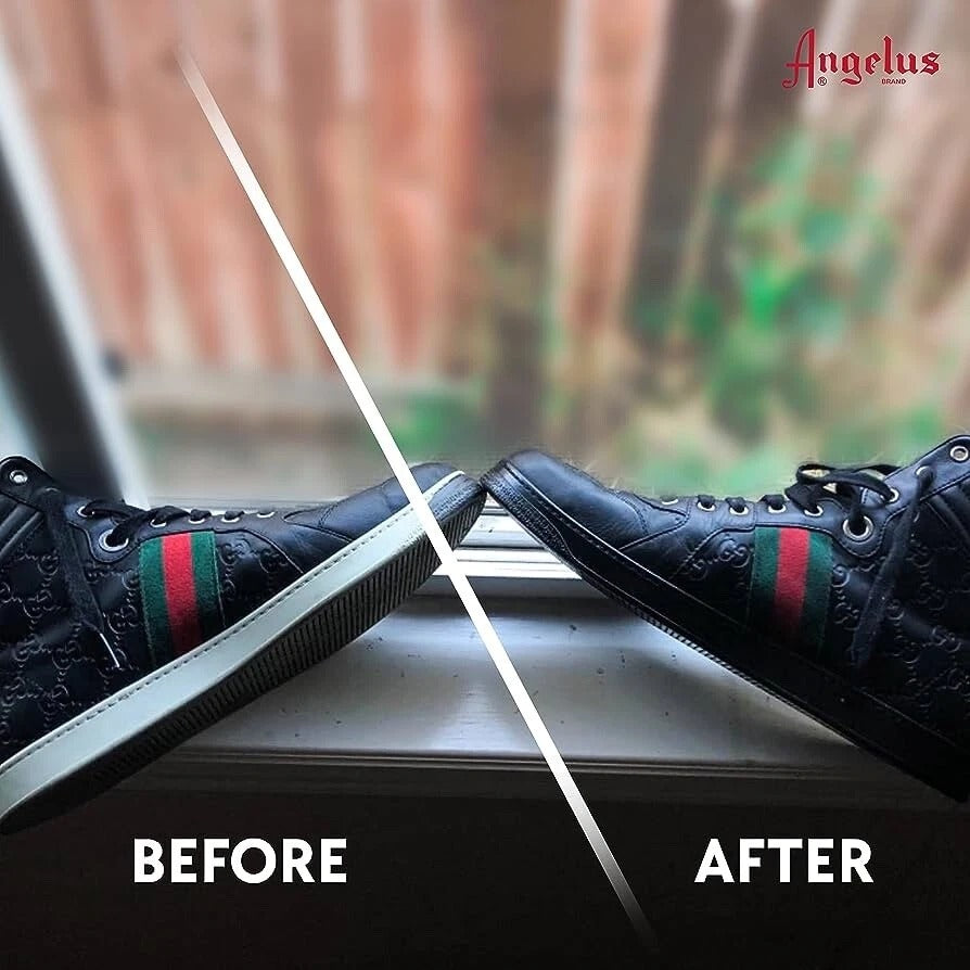 Close-up demonstration of Angelus Walk On Black paint coverage on shoe sole showing durable black finish and wear resistance