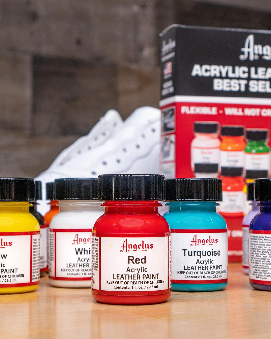 Close up view of Angelus Best Sellers paint bottles showing vibrant colours for sneaker art