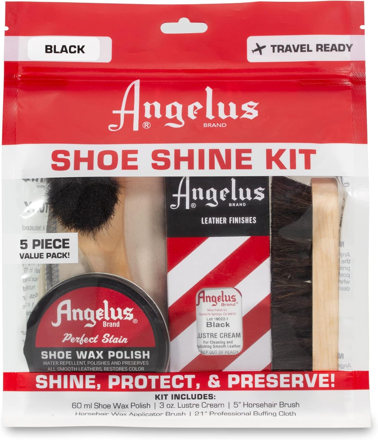 Maintain your footwear on the move with organized Angelus travel case containing professional-grade shoe care essentials