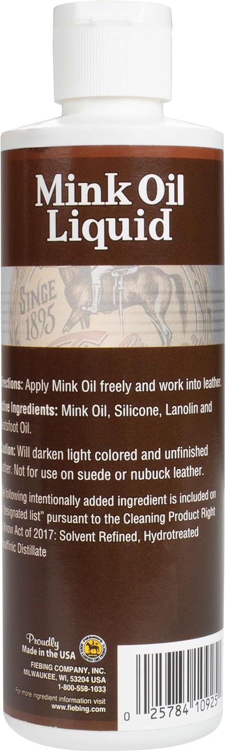 Quick-absorbing Fiebing's Liquid Mink Oil for efficient leather treatment