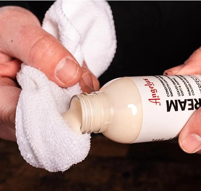 Professional leather conditioning with Angelus Lustre Cream providing flexible long-lasting protection