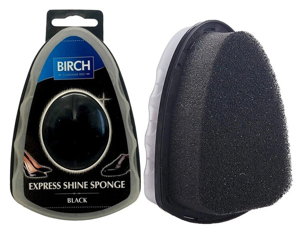 BIRCH Express Shoe Shine Sponge in Black contains integrated polish for immediate application