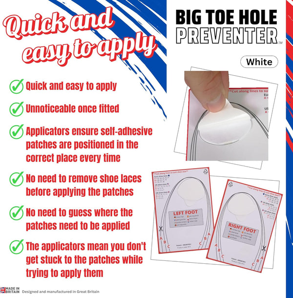 white toe patches reinforce the area where big toes wear through shoes preventing hole damage