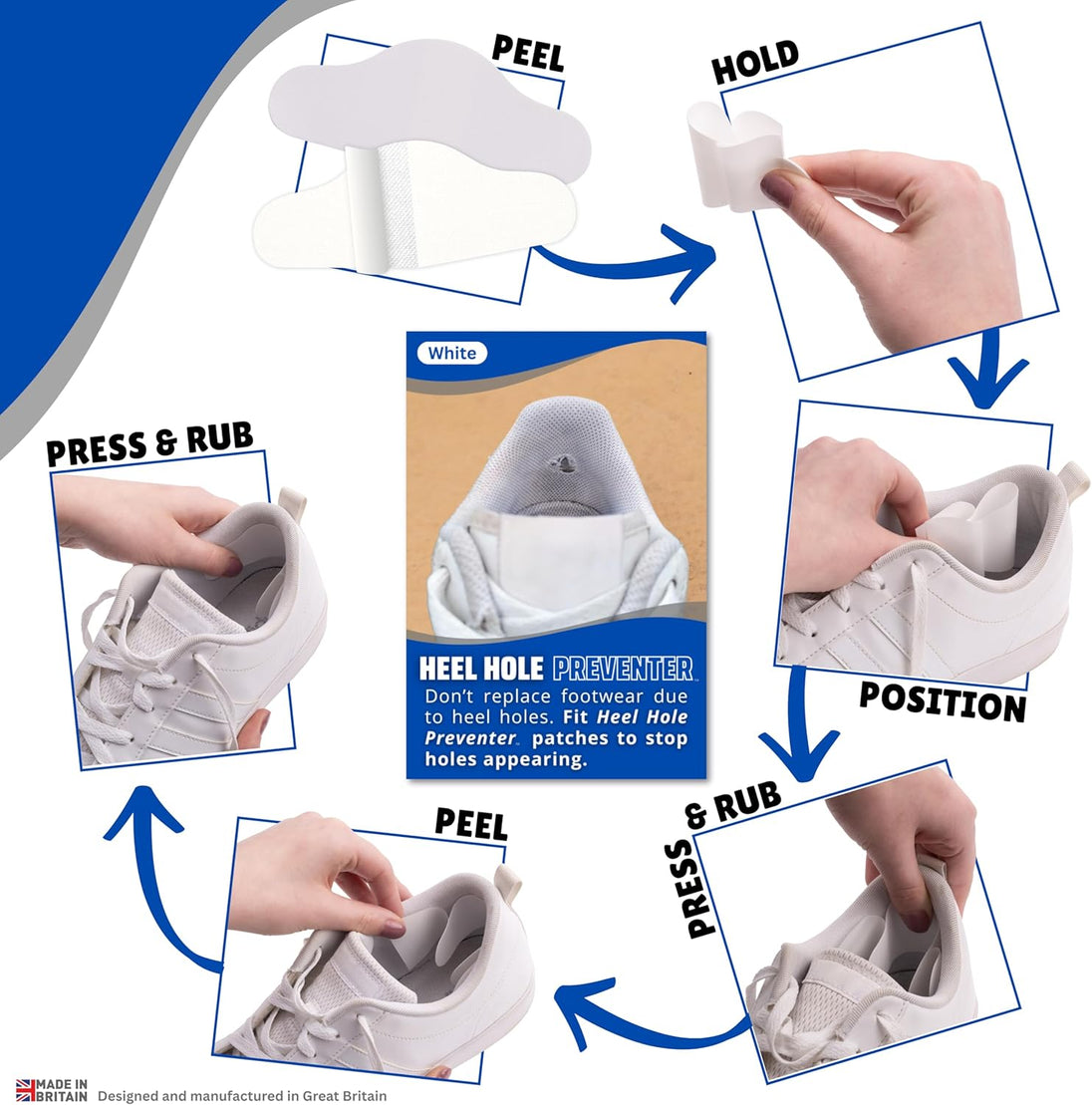 Strong flexible heel patches prevent lining wear and extend the life of your favourite footwear