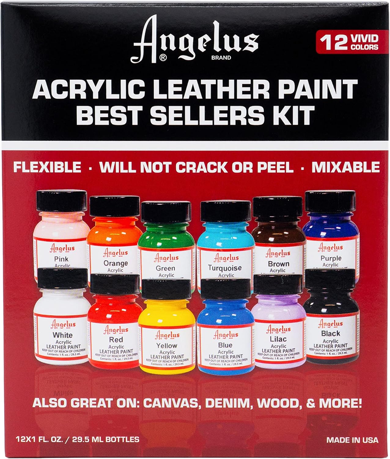 Open box showing Angelus twelve colour paint set for professional sneaker customisation and artwork