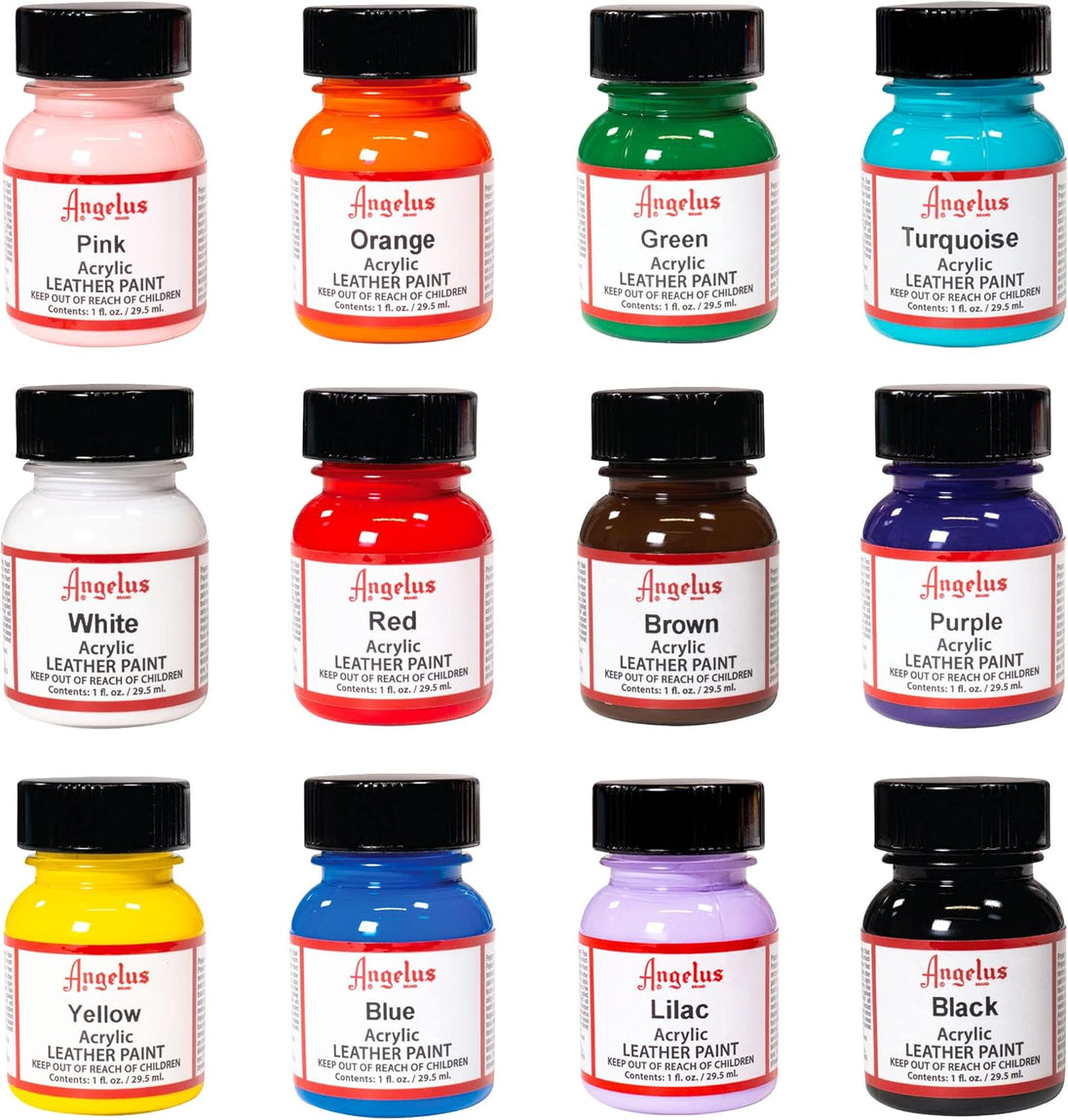 Angelus acrylic paint best sellers featuring twelve most popular shades for custom projects
