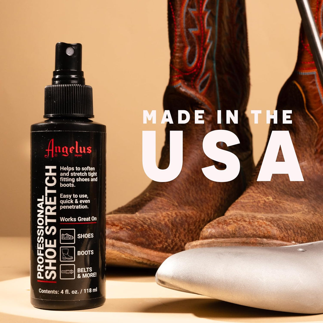 4oz Angelus shoe expander spray uses a gentle formula to relax leather making it ideal for addressing discomfort in specific shoe areas