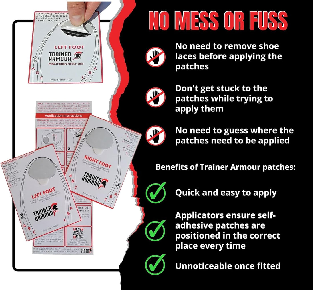 Prevent big toe wear holes in white shoes with discreet protective reinforcement patches