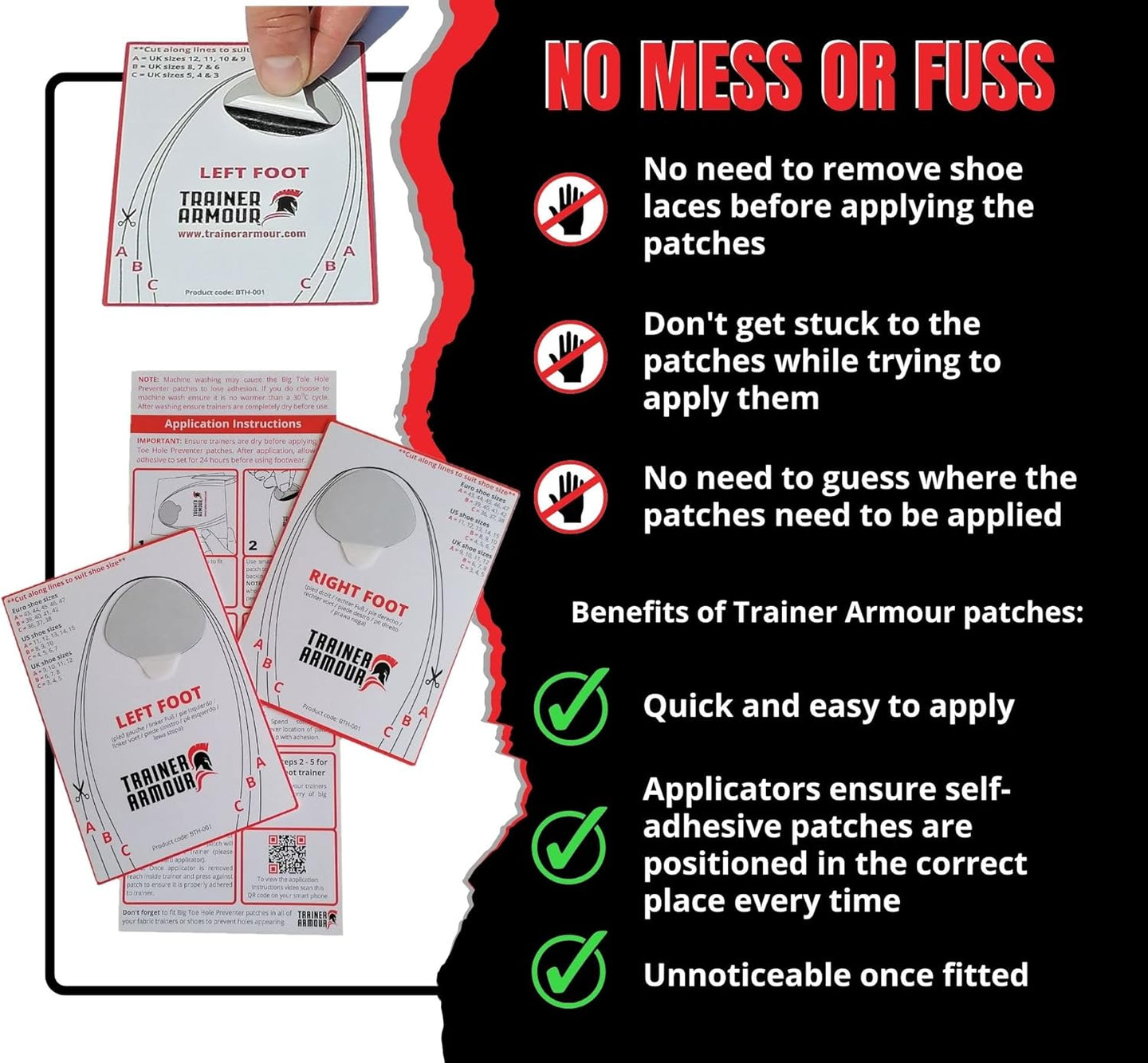 Prevent big toe wear holes in white shoes with discreet protective reinforcement patches