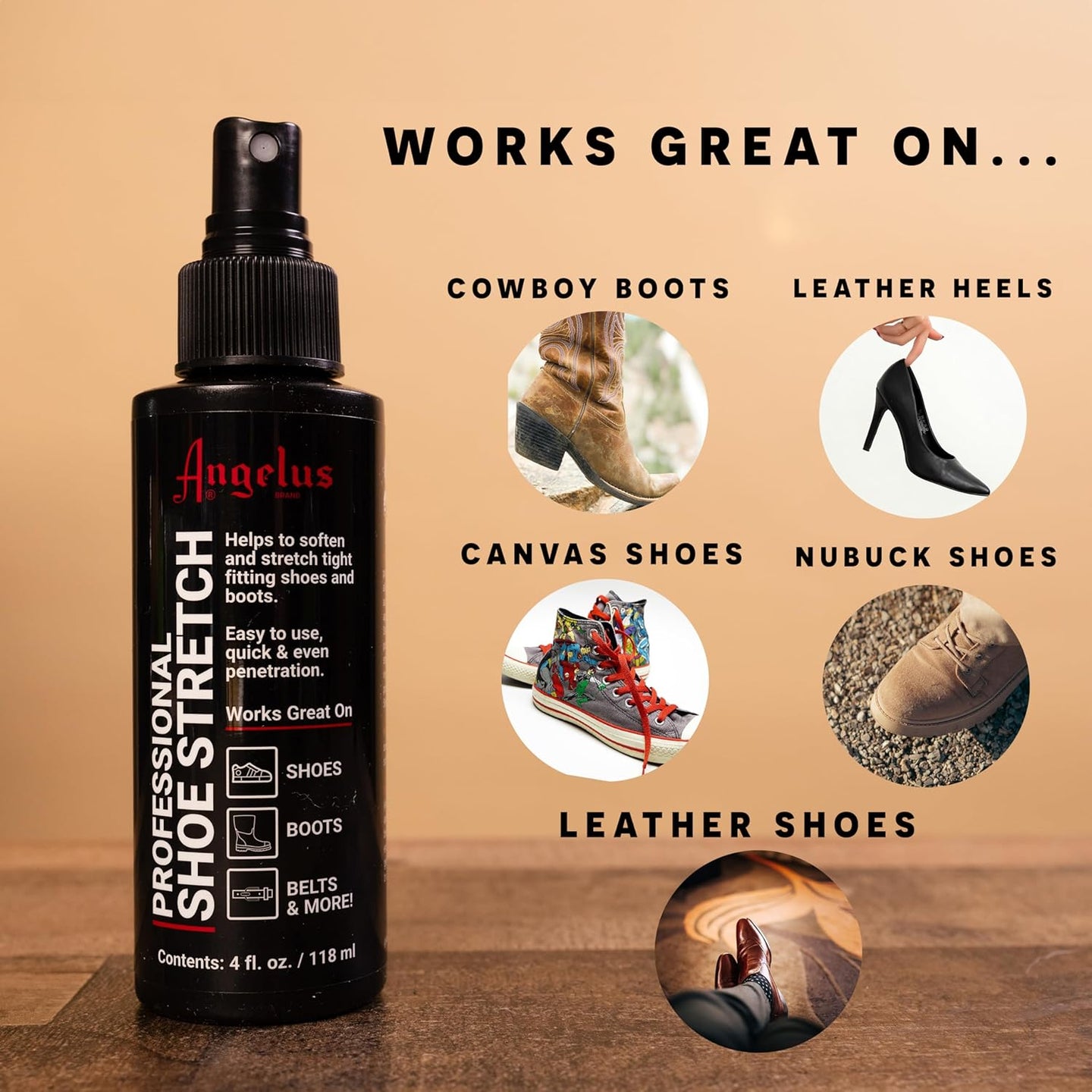 Use Angelus leather stretching spray to target tight spots and break in new shoes effectively without damaging the material's integrity