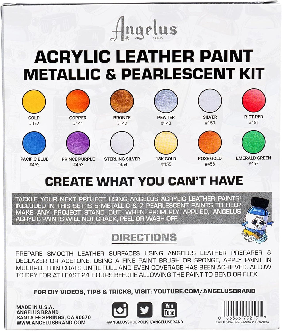 The full collection of Angelus metallic and pearl paints including gold silver and exotic finishes for premium customisations