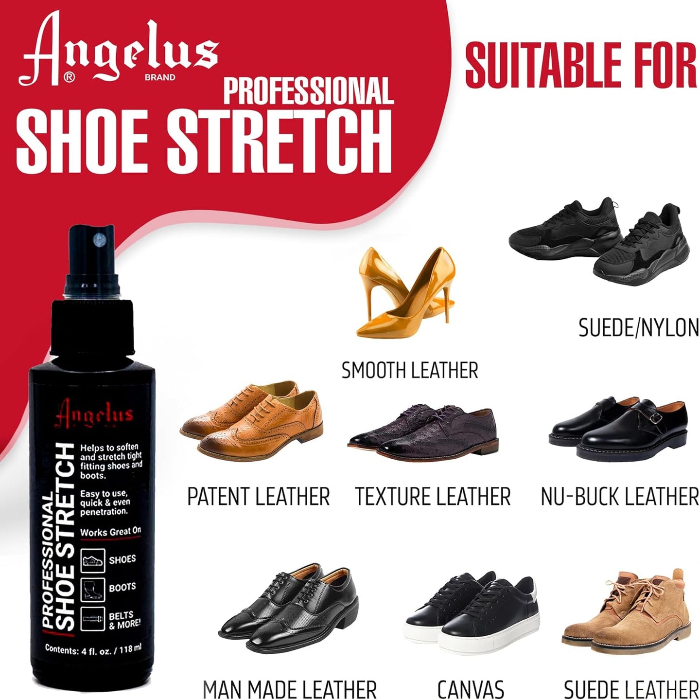 The 118ml Angelus stretcher spray provides controlled application for natural leather relaxation and improved footwear comfort and fit