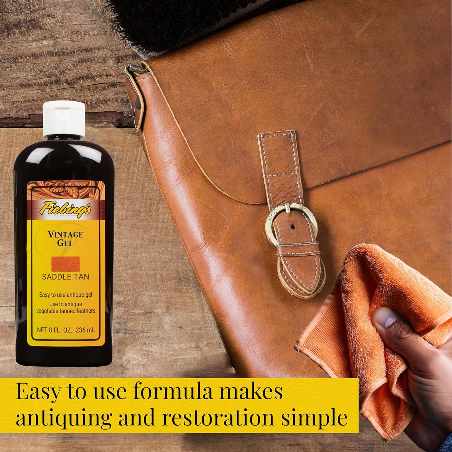Create vintage characteristics on leather with Fiebing's saddle tan aging gel formula