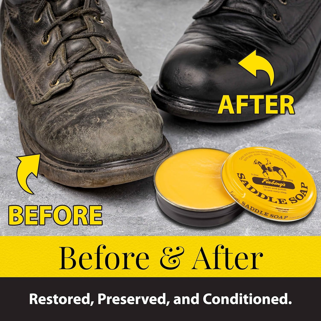 Dual-action Fiebing's Saddle Soap removes grime while conditioning leather surfaces
