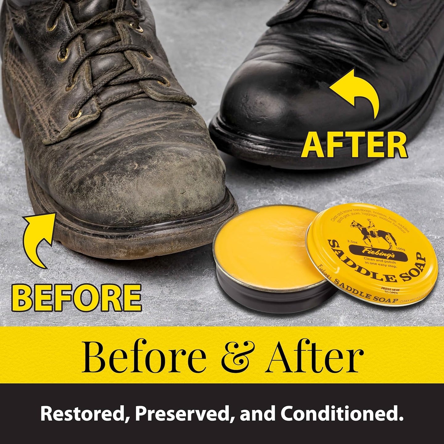 Dual-action Fiebing's Saddle Soap removes grime while conditioning leather surfaces