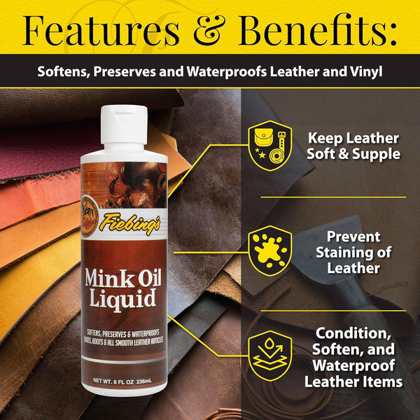Convenient liquid mink oil by Fiebing's spreads evenly for complete leather coverage