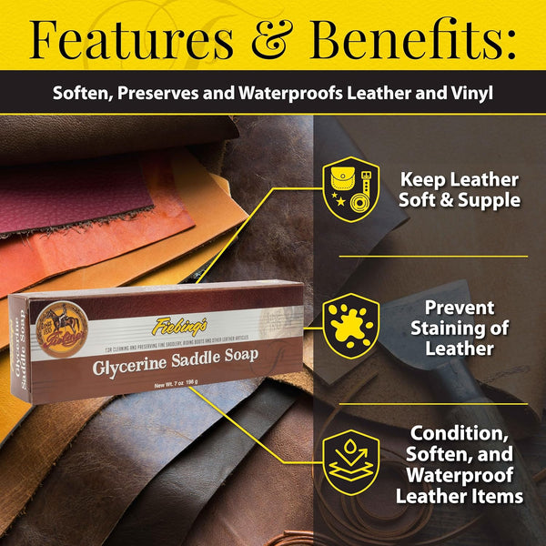 Pure glycerine soap bar by Fiebing's gently cleans and conditions leather saddles and tack