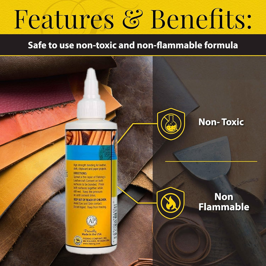 Strong flexible adhesive Fiebing's Leathercraft Cement for leather projects