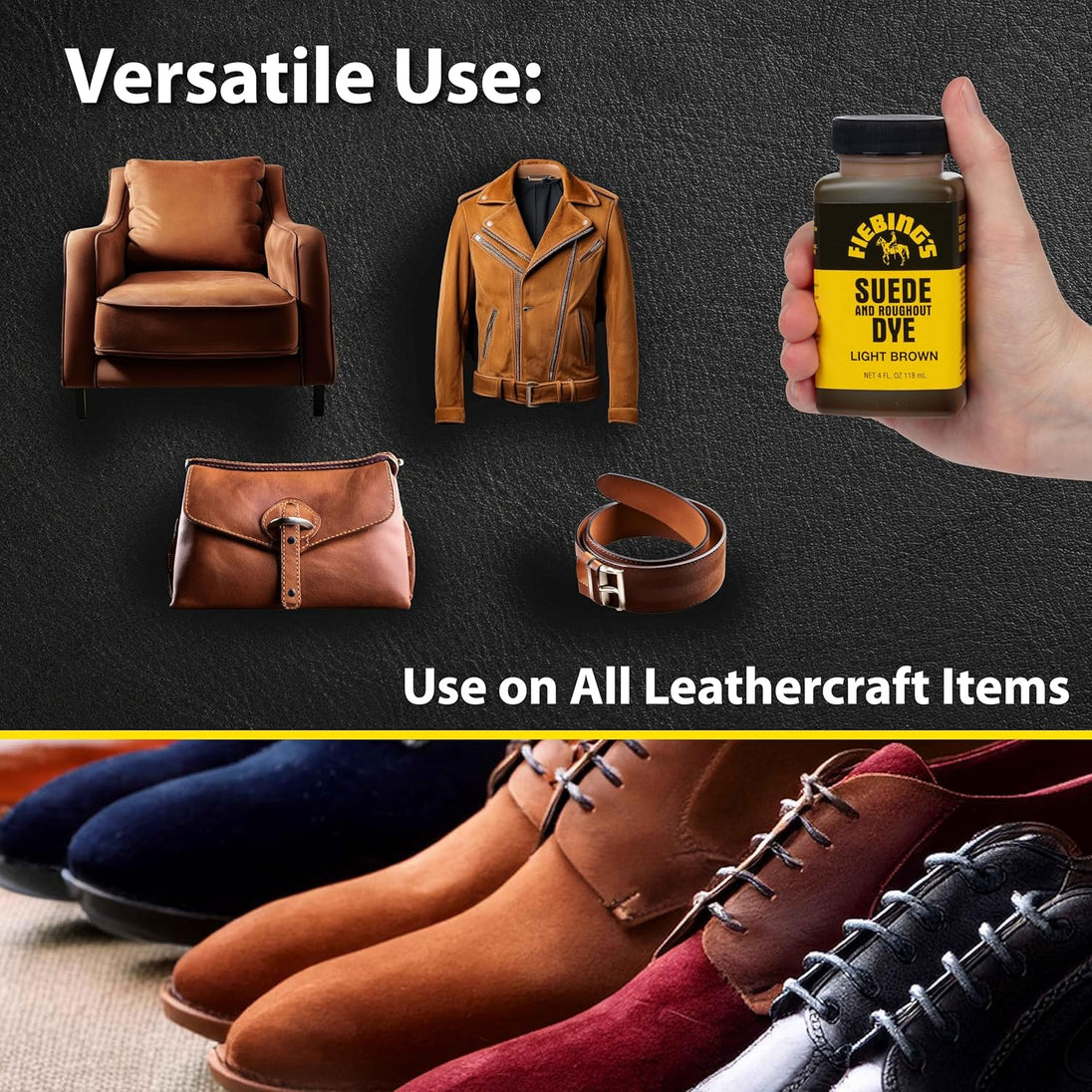 Fiebing's Suede Dye bottle with applicator for precise colour work on delicate materials