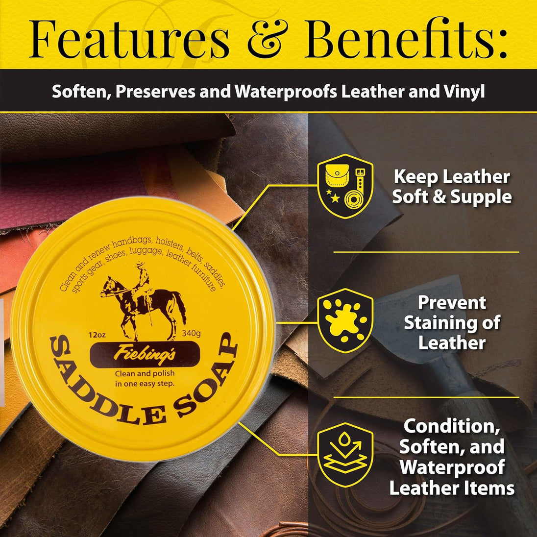 Fiebing's professional Saddle Soap in 12oz size preserves leather's natural oils