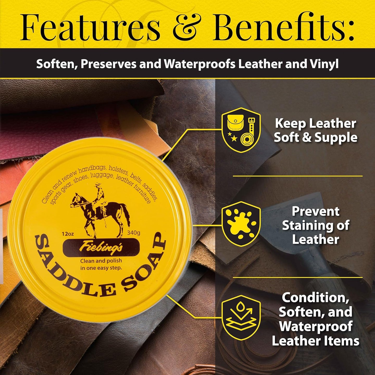 Fiebing's professional Saddle Soap in 12oz size preserves leather's natural oils